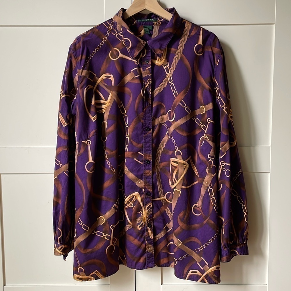 Ralph Lauren Equestrian Horse Bridle Stirrup Print Purple Button Down 3X…​​​